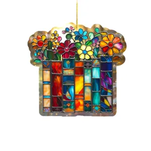 Stained glass bookshelf acrylic hanging ornament with vibrant flowers for home and tree decor.
