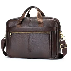 Detailed view of brown genuine leather men business briefcase laptop shoulder messenger bag.