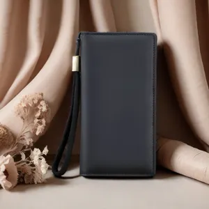 Genuine leather men's long wallet with wrist strap, business card clutch bag.