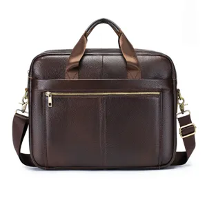 Men genuine leather business briefcase dark brown 15 inch laptop shoulder bag