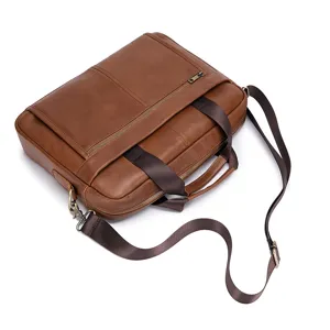 Brown leather business laptop briefcase for men, stylish travel shoulder bag detail.