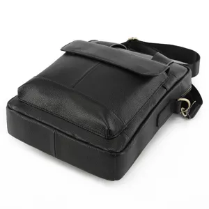 Black genuine leather men shoulder bag casual messenger crossbody bag with flap and metal hardware