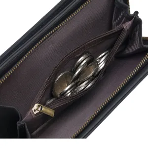 Men's black genuine leather long wallet with zipper closure and coin pocket detail.