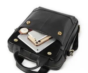 Men black genuine leather messenger shoulder bag casual flap crossbody bag with multi pockets