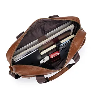 Men genuine leather briefcase business laptop bag interior capacity detail display brown