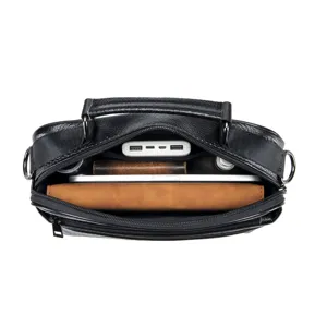 Men's genuine leather business shoulder bag detail view showing large interior storage capacity.