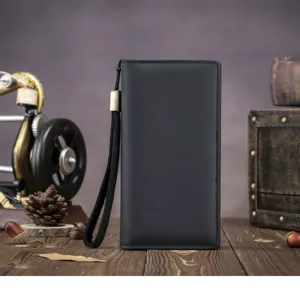 Genuine leather long wallet for men with wrist strap, black business clutch and card holder purse.