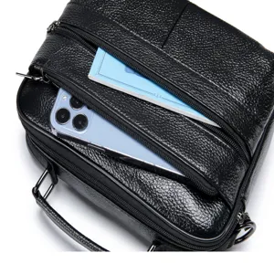 Genuine leather men messenger bag casual business shoulder crossbody bag with multi zipper pockets.