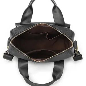 Detailed top view of black leather men's shoulder bag showing internal zipper pockets.
