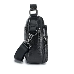 Men's black leather shoulder bag, vertical style detail view with durable metal hardware.