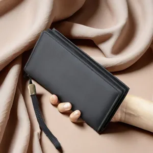 Men's long leather wallet with wrist strap stylish business clutch purse solid black