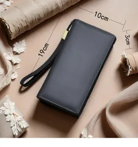 Classic men's long leather wallet with wrist strap, business casual zip clutch bag 19cm
