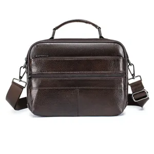 Detailed view of the brown leather men messenger bag featuring multi zipper pockets.