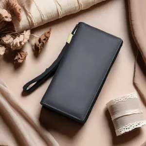 Classic black long leather wallet for men with wrist strap, elegant design, ample card slots.