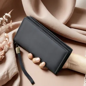 Men's genuine leather long wallet, black zipper clutch bag with wrist strap and slots.