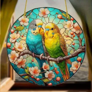 Acrylic 2D flat round hanging ornament featuring cute budgies and floral stained glass art.