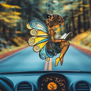 Acrylic stained glass fairy reading book car hanging ornament rearview mirror decor