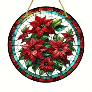 Detailed view of the round stained glass style poinsettia hanging ornament with vibrant red flowers.