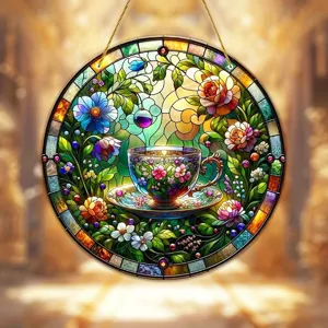 Close-up detail of the colorful stained glass style acrylic floral teacup hanging ornament.