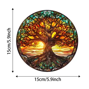 Stained glass tree of life suncatcher round hanging ornament for window wall decor