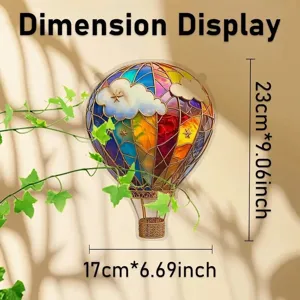 Detailed view of 2d acrylic hot air balloon wall hanging pendant with colorful stained glass.