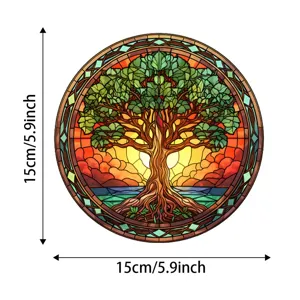 Stained glass tree of life suncatcher detail, vibrant colors, beautiful window hanging pendant.