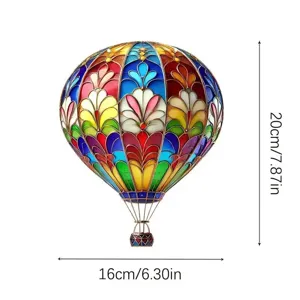 Detailed view of 2D acrylic hot air balloon pendant with vibrant stained glass colors.