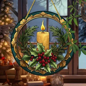 Christmas acrylic flat round hanging ornament with candle and holly wreath design decor.