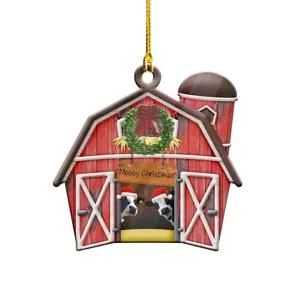 Noël Ferme Grange Rouge Vache Dessin Animé Acrylique 2D Ornement Plat Décoration Fête