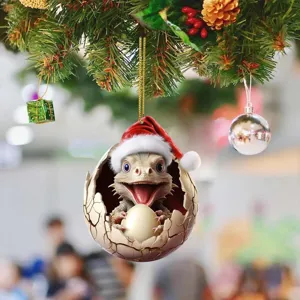 Cute cartoon baby dragon Christmas acrylic hanging ornament detail view, festive tree decor.