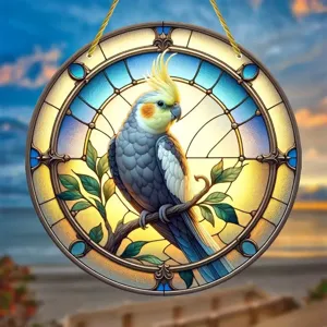 Stained glass style cockatiel round hanging ornament, acrylic flat panel pendant for decor.
