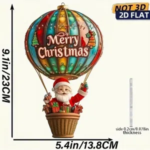 Details of the 2D acrylic Christmas hot air balloon ornament with Santa Claus and hanging hook.