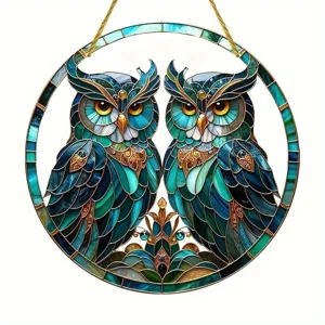 Close-up detail view of the stained glass style blue owls round hanging acrylic ornament.