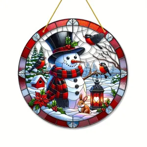 Acrylic 2D flat round hanging ornament featuring a vintage stained glass snowman and winter landscape.