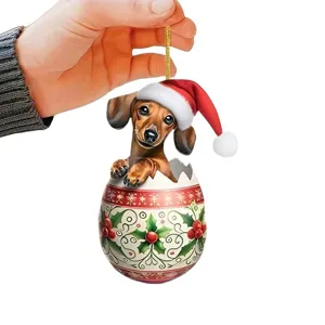 Noël Teckel Mignon Ornement avec Chapeau de Père Noël Oeuf Pendentif Voiture et Sac