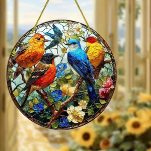 Acrylic 2D flat round hanging ornament featuring vibrant colorful birds and floral stained art.