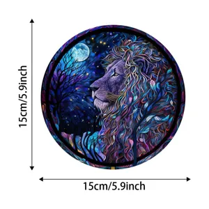 Stained glass lion window hanging suncatcher round decorative wall pendant 15cm