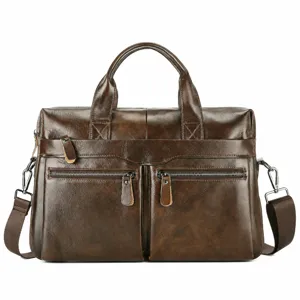 Vintage braune Aktentasche aus Echtleder für Herren, Laptoptasche mit zwei Fronttaschen.