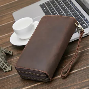 Herren echtleder lange brieftasche vintage crazy horse rindsleder clutch tasche mit reißverschluss.