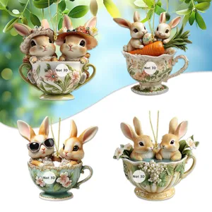 Easter Bunny Coffee Cup Acrylic Hanging Ornament Cute Cartoon Car Rearview Mirror Pendant Backpack Decoration Gift