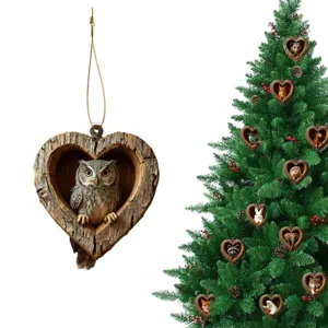 Detailed view of the heart-shaped wooden log animal hanging ornament, perfect for tree decor.