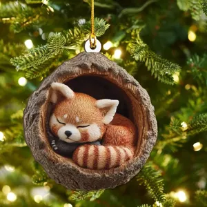 Red panda Christmas tree ornament, cute acrylic hanging pendant for holiday home decor detail shot.