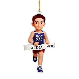 Acrylic marathon runner hanging ornament detail view, car rearview mirror decoration pendant.