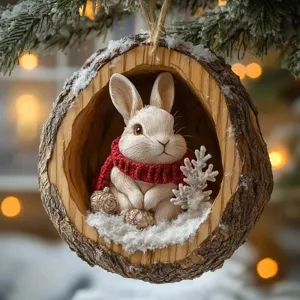 Christmas tree hanging ornament featuring cute rabbit in tree hole with scarf and snow decor detail.