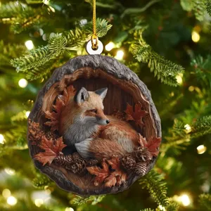 Detailed view of the fox in tree hole Christmas hanging acrylic ornament pendant decor.