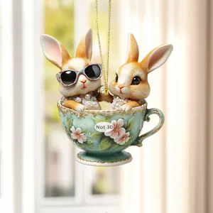 Cute 2D acrylic rabbit in teacup car hanging ornament rear view mirror cute pendant decor