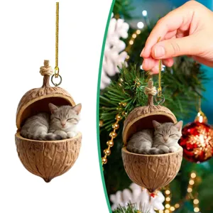 Cute sleeping kitten in acorn shell Christmas tree hanging ornament forest animal decor.