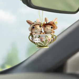 Easter bunny coffee cup acrylic car hanging ornament, cute rear view mirror pendant decor.