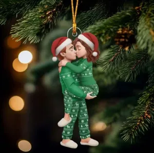 Couple acrylic Christmas car hanging ornament, cute holiday tree decor for mirror or home.