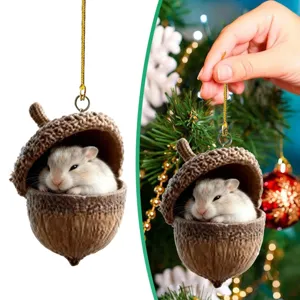 Detailed view of the cute hamster inside acorn Christmas tree hanging ornament.